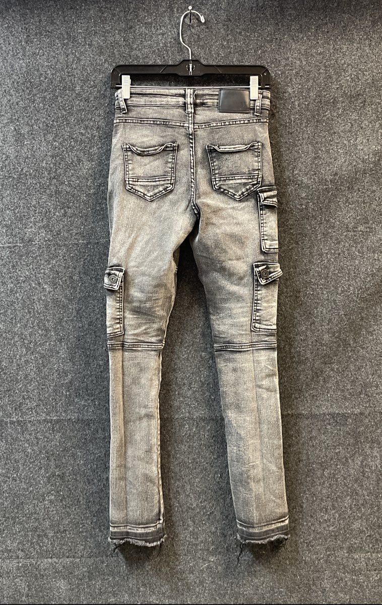 Waimea Boys Gray Acid Wash Tacked Fit Biker Cargo Jeans Distressed Sz 14