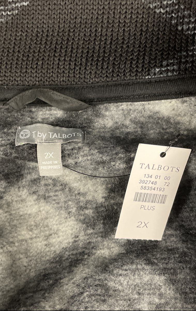 Talbots Women's Black Gray Plaid Full Zip Mock Neck Fleece Jacket NWT Plus 2X