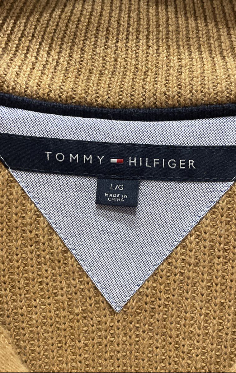 Tommy Hilfiger Men's Tan Brown Ribbed 1/4 Zip Mock Neck Pullover Sweater Size L