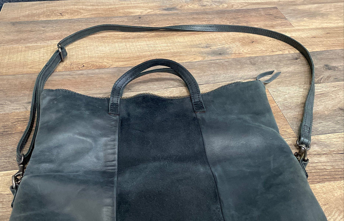ABLE Black Leather and Suede Crossbody Tote Bag Large Top Handle