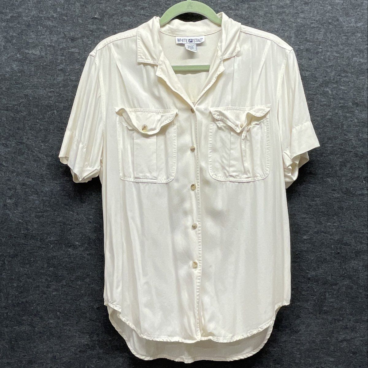 Vintage 90s White Stag Women's Cream Rayon Short Sleeve Utility Blouse Sz M