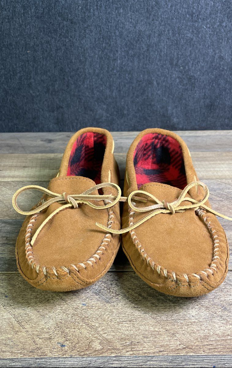 Minnetonka Men's Double Bottom Fleece Brown Suede Moccasin Slippers Size 11.5