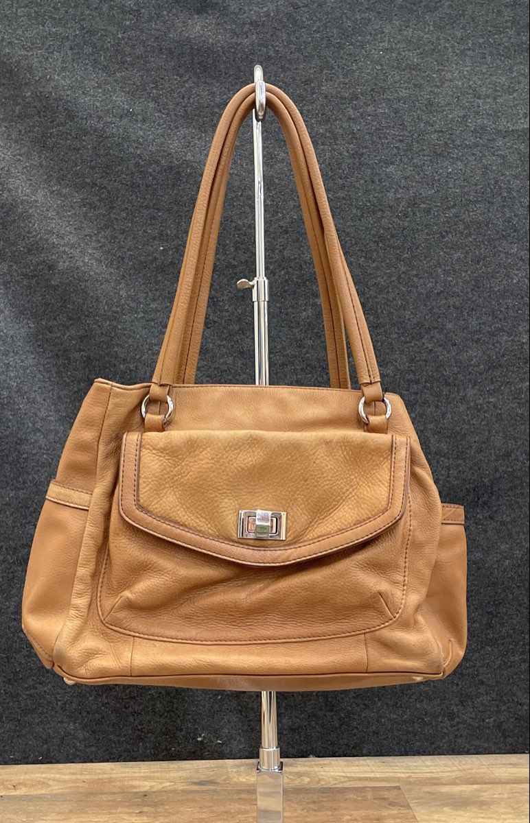 Liz Claiborne Tan Pebbled Leather Satchel Tote Bag Large Turn Lock Brown