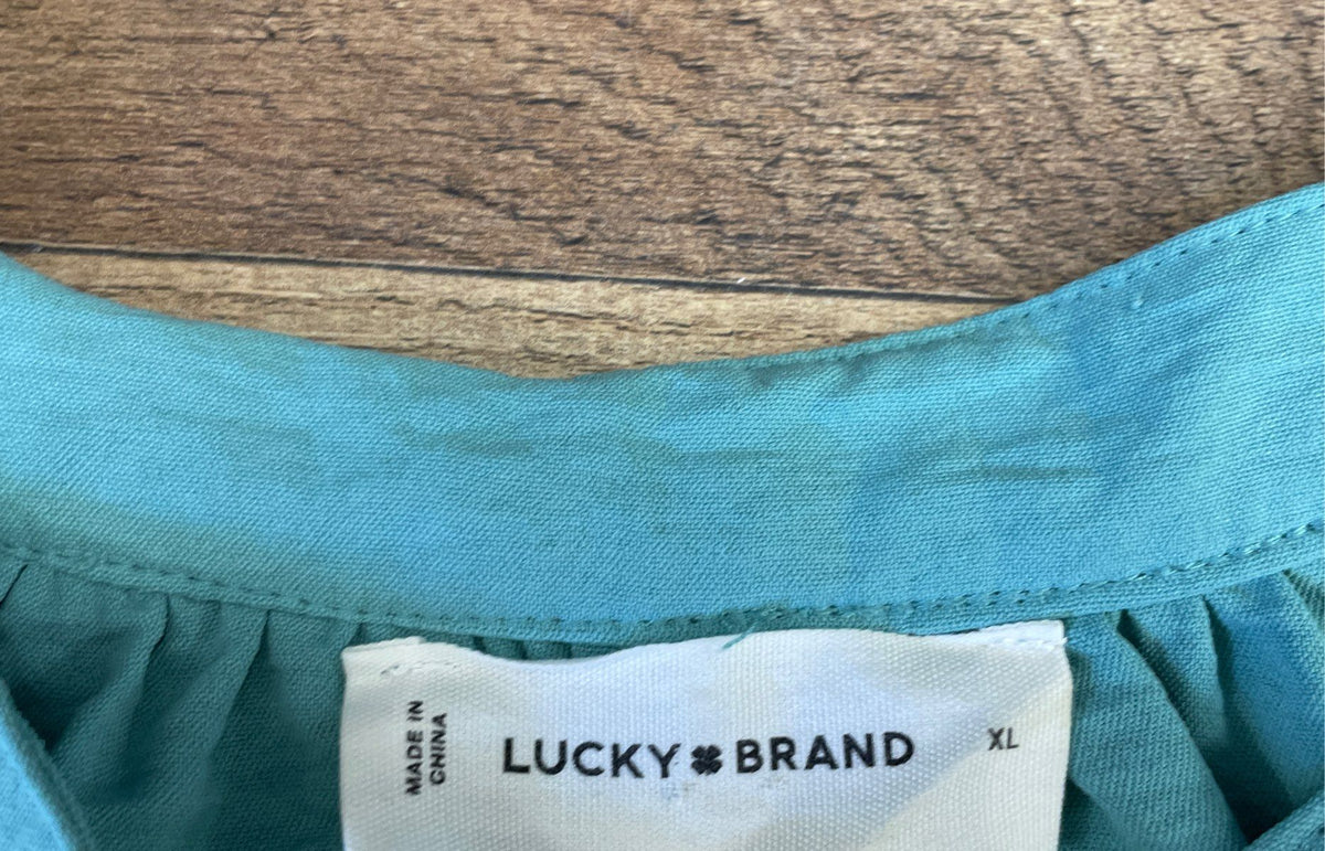 Lucky Brand Women's Aqua Blue Tiered Smocked Midi Dress Tassel Neck Sz XL
