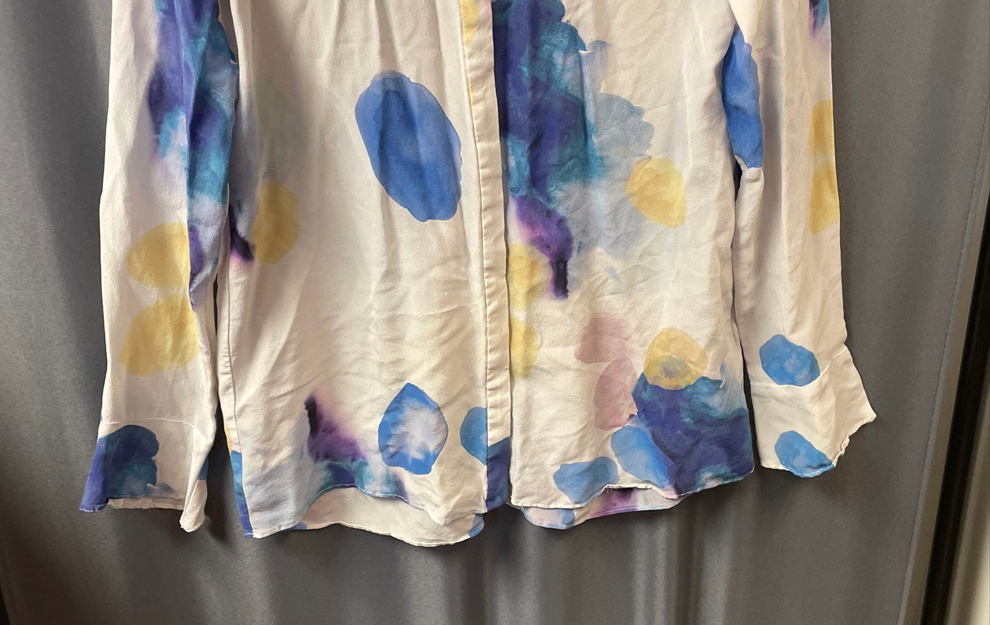 Cacharel Women's White Multicolor Silk Watercolor Abstract Blouse Shirt Sz 36