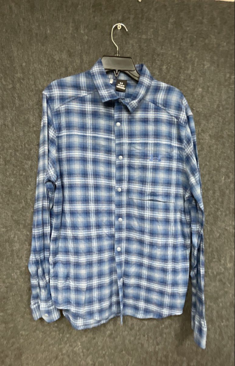 Under Armour Men's Blue White Plaid Tradesman Flannel Snap Front Shirt Sz L
