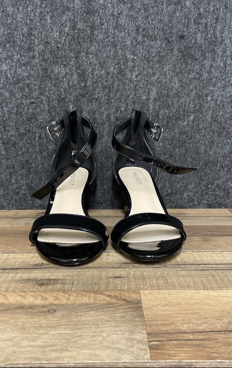 Nine West Black Patent Leather Ankle-Strap Block-Heel Sandals Size 8M
