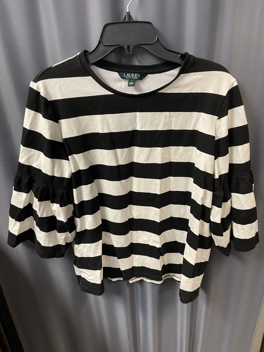 Lauren Ralph Lauren Women's Black White Striped Ruffle Sleeve Blouse Sz L