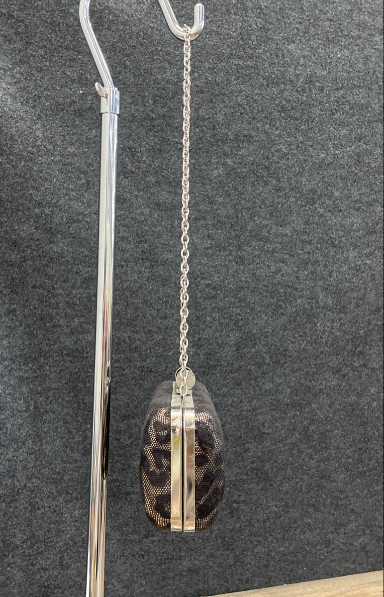 Lulu Townsend Gold Black Leopard Print Minaudiere Clutch Bag Silver Chain