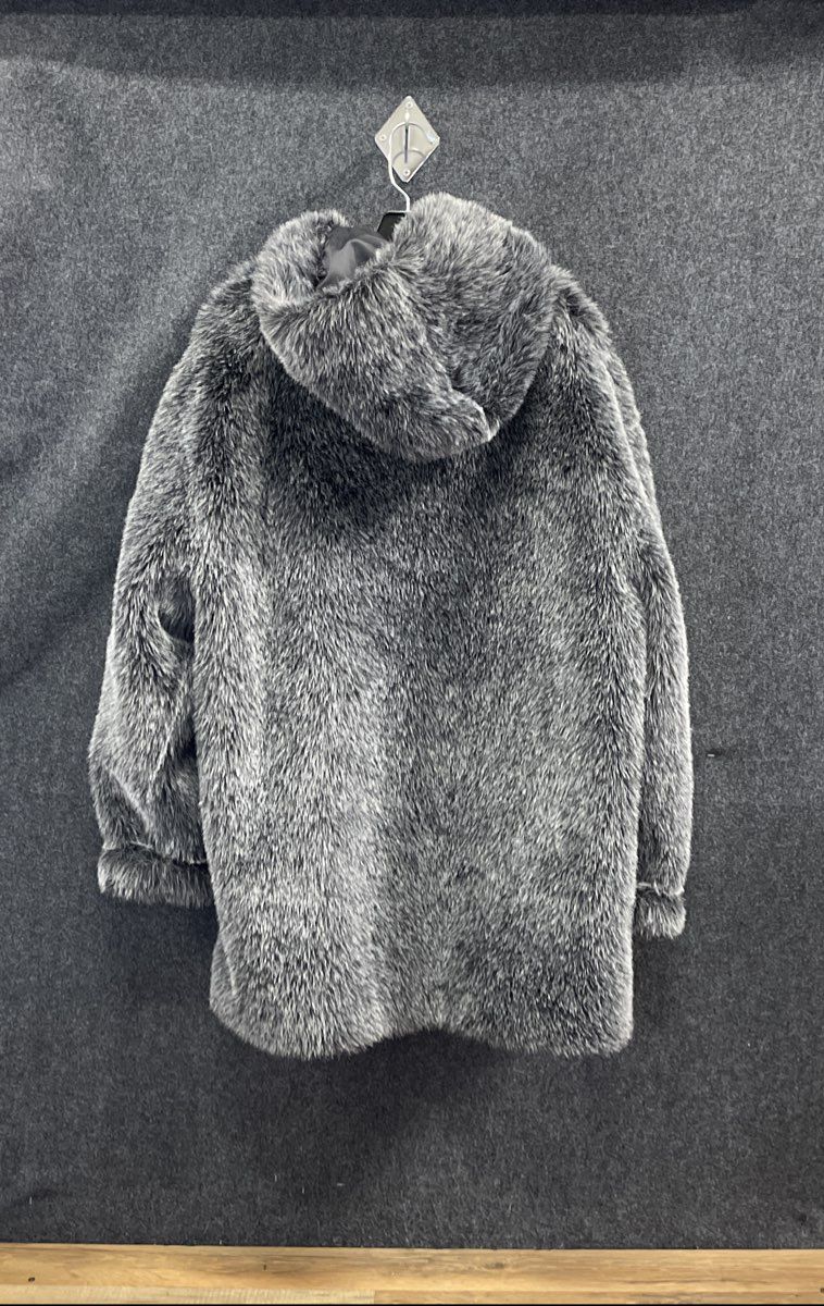 Vintage 90s Olympia Women's Gray Black Hooded Faux Fur Coat Made in USA Sz XL