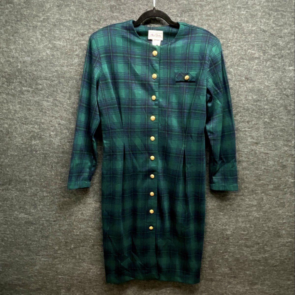 Miss Dorby Vintage 80s Green Navy Tartan Plaid Button Dress