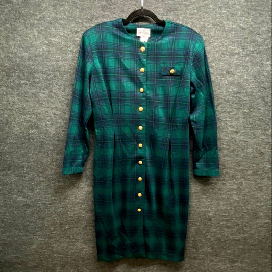 Miss Dorby Vintage 80s Green Navy Tartan Plaid Button Dress