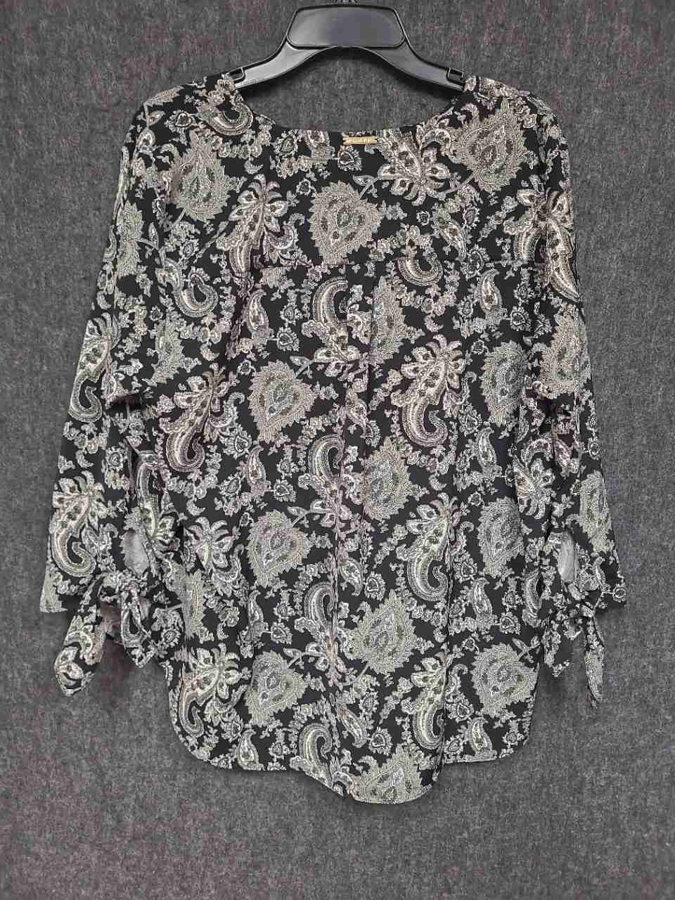 Michael Kors Women's Paisley Tie-Cuff V-Neck Blouse Black Green Sz XL