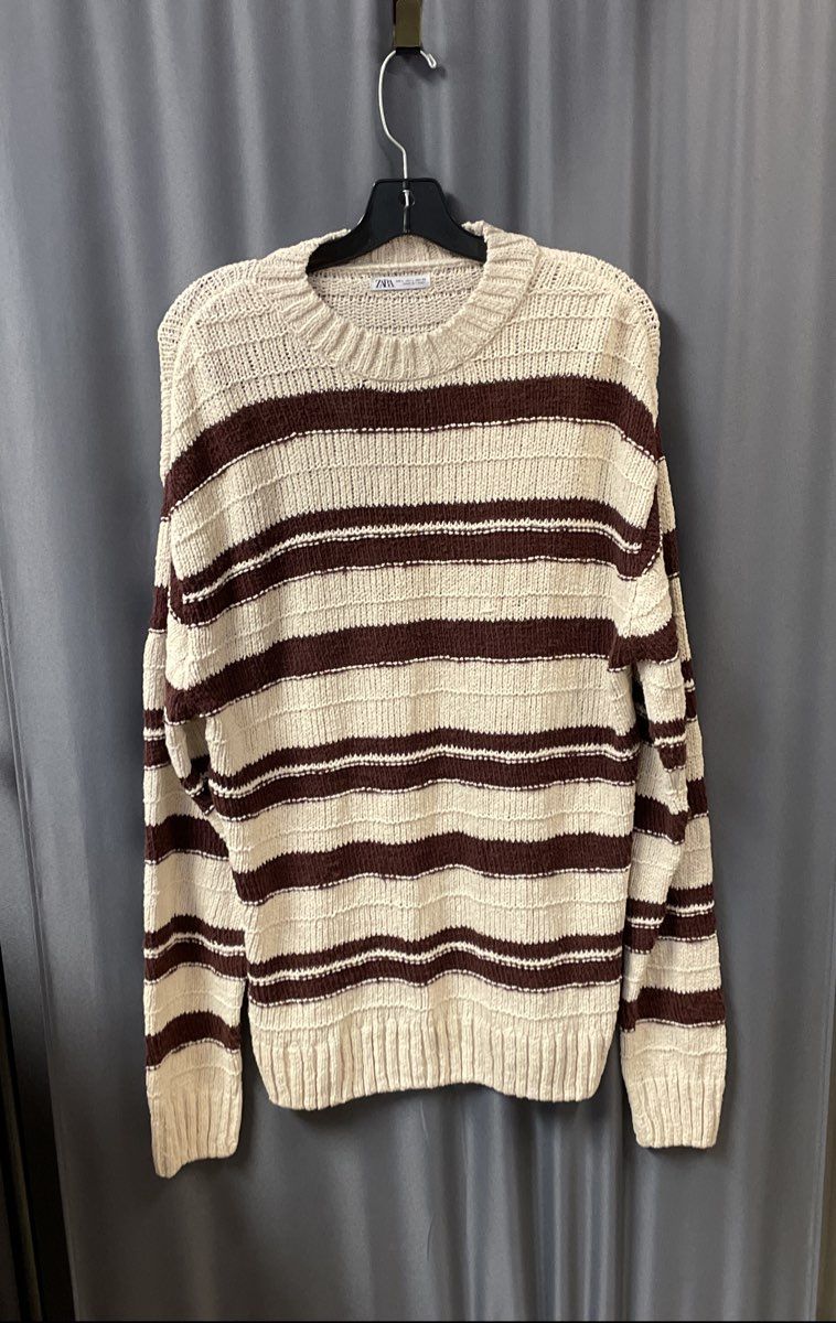 Zara Men's Brown White Striped Chunky Cotton Blend Crewneck Sweater Sz L