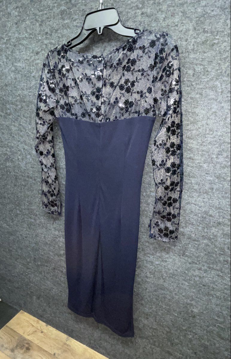 David Meister Navy Blue Floral Sequined Lace Top Ruched Sheath Dress Size 2