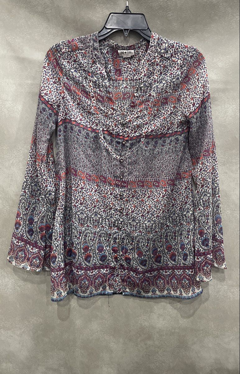 Converse One Star Women's Multicolor Paisley Sheer Boho Bell Sleeve Blouse Sz XS