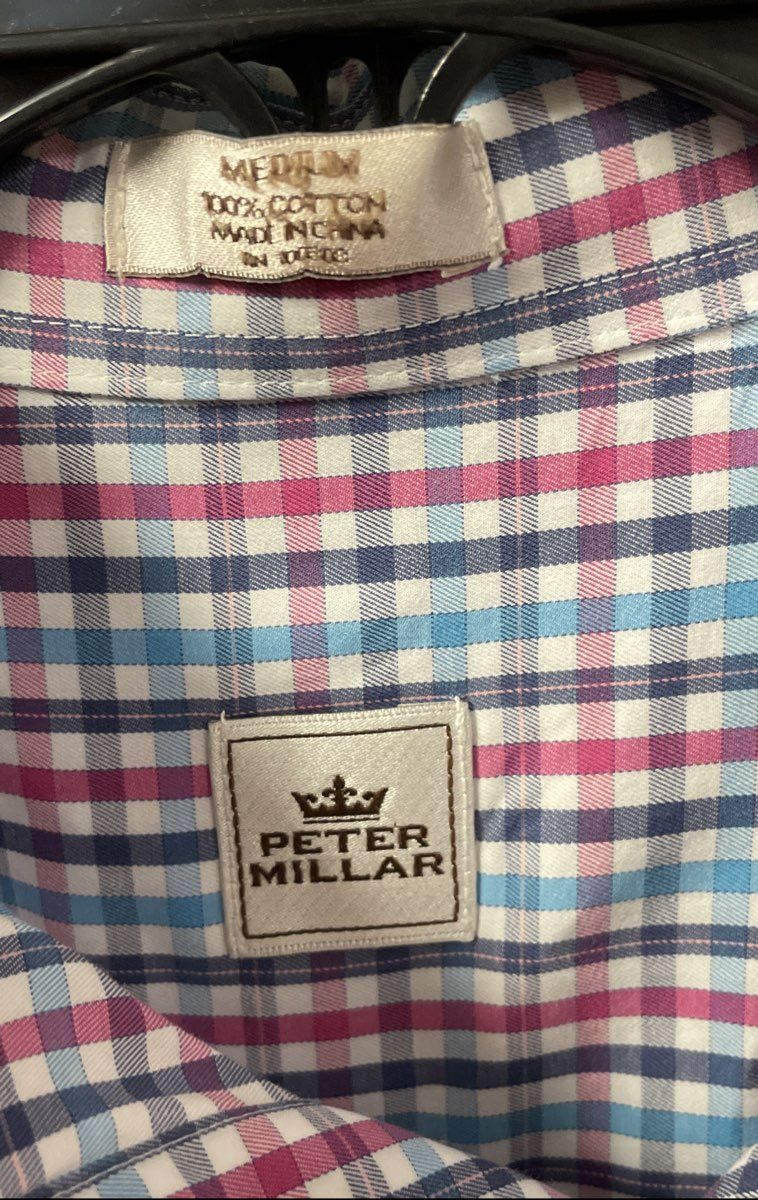 Peter Millar Men's Pink Blue Check Plaid Long Sleeve Button-Up Shirt Size M
