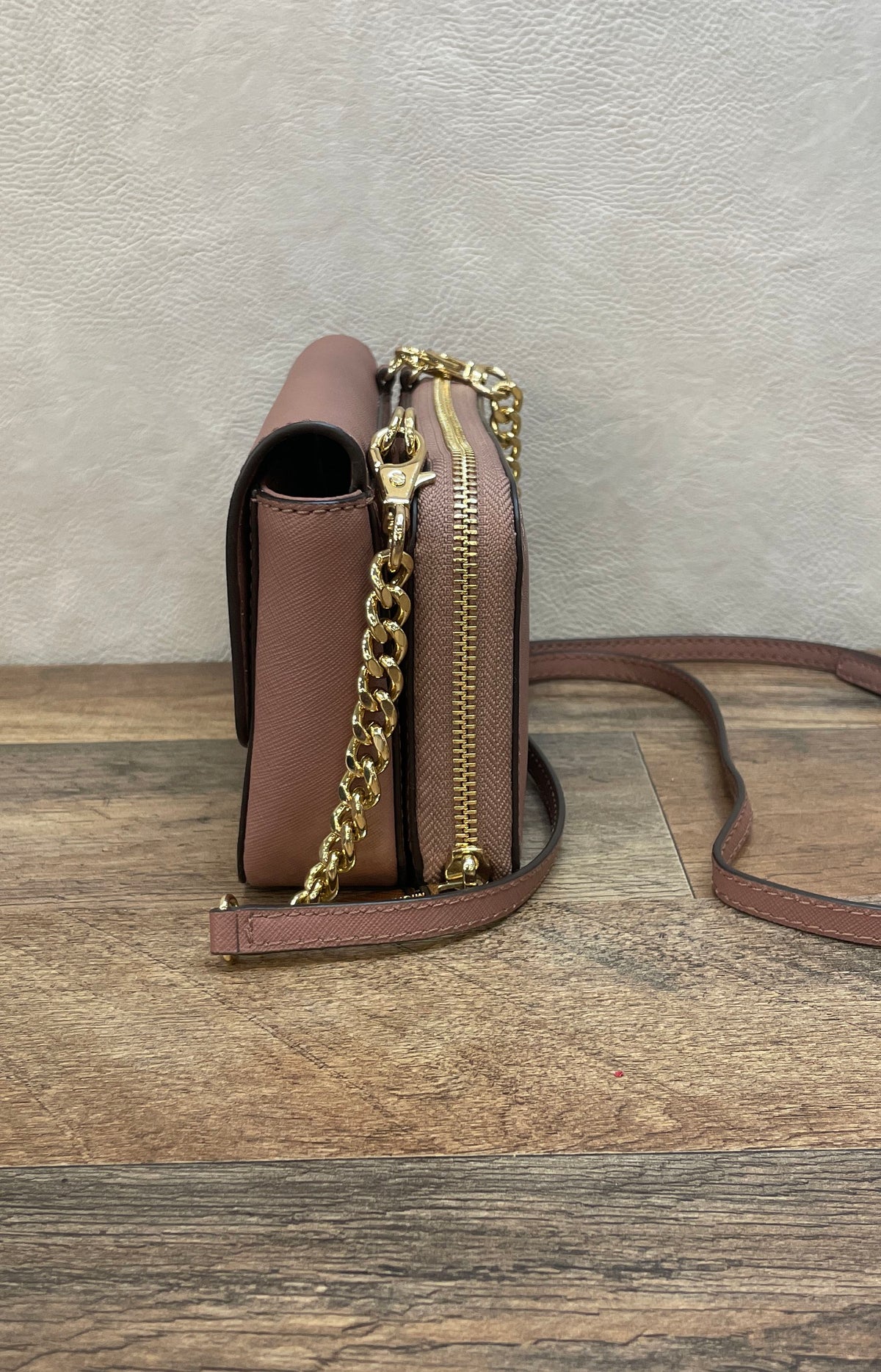 Michael Kors Pink Saffiano Leather Double Pouch Turn-Lock Crossbody Bag Gold