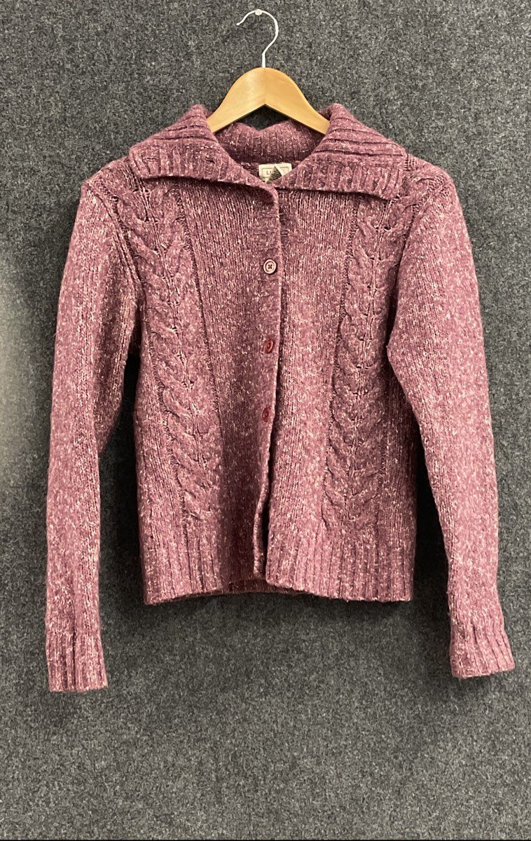 L.L. Bean Women's Cardigan Sweater Purple Marled Cable Knit Wool Blend Sz S
