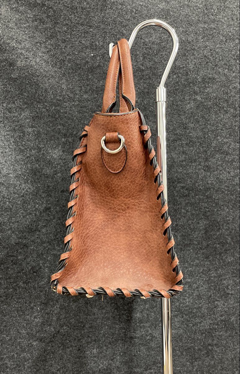 Lady Conceal Brown Leather Satchel Handbag Laced Trim Multi-Pocket