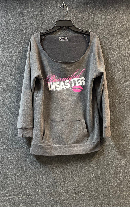 Beautiful Disaster Women's Gray Raw Edge Graphic Pocket Sweater Sz XL