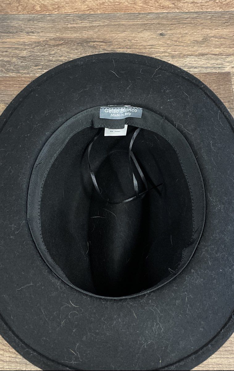 Gelso Bianco Unisex Black Felt Fedora Hat Wide Brim Belted Made in Italy