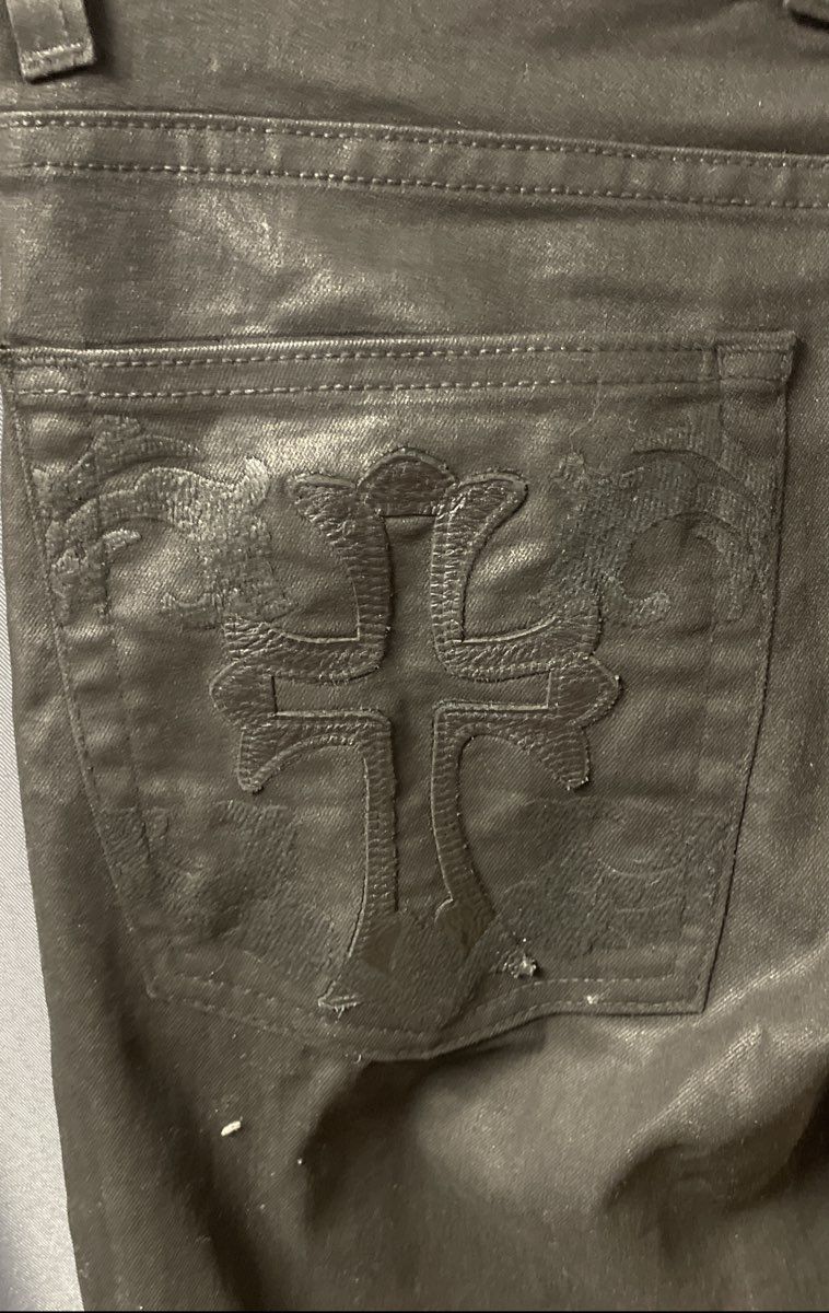 Artistix Men's Black Coated Skinny Leg Jeans Cross Embroidery Signature Sz 30x32