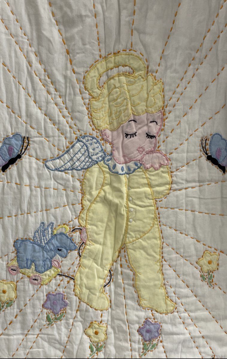 Hand Stitched Baby Quilt Kit Built Angel Cherub Butterflies Flowers Vintage