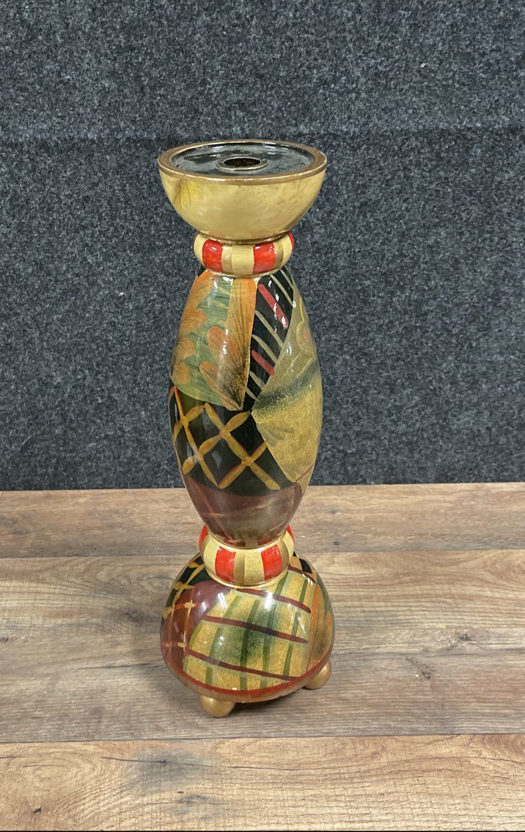 Vintage Hand Painted Wood Candle Holder Tall Eclectic Checkerboard Floral 15"