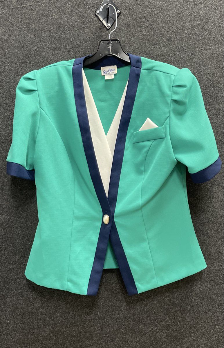 Vintage 80s Good Times Teal Navy Puff Shoulder Blazer Top Made USA Sz 14