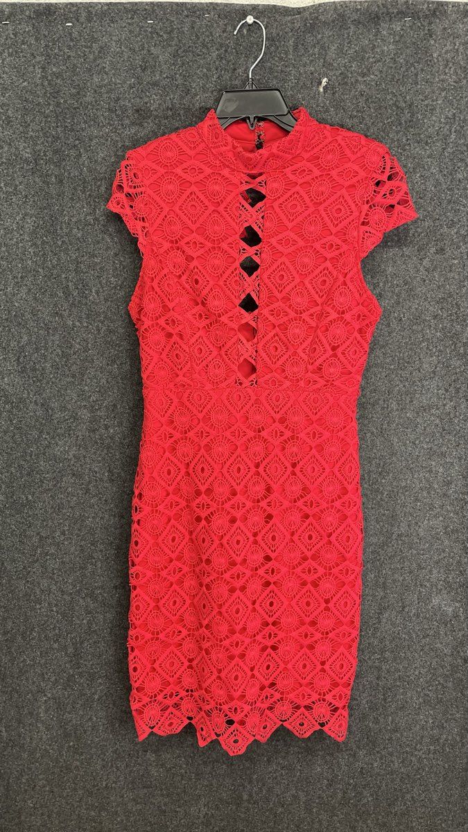 NikiBiki Women's Red Geometric Lace Mock Neck Criss Cross Cutout Dress Sz L