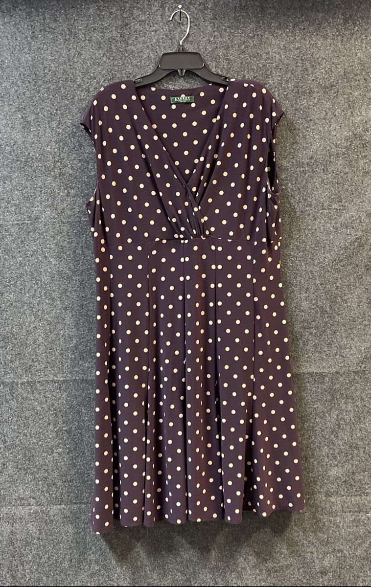 Lauren Ralph Lauren Women's Purple Polka Dot Surplice Fit Flare Dress Sz L/XL