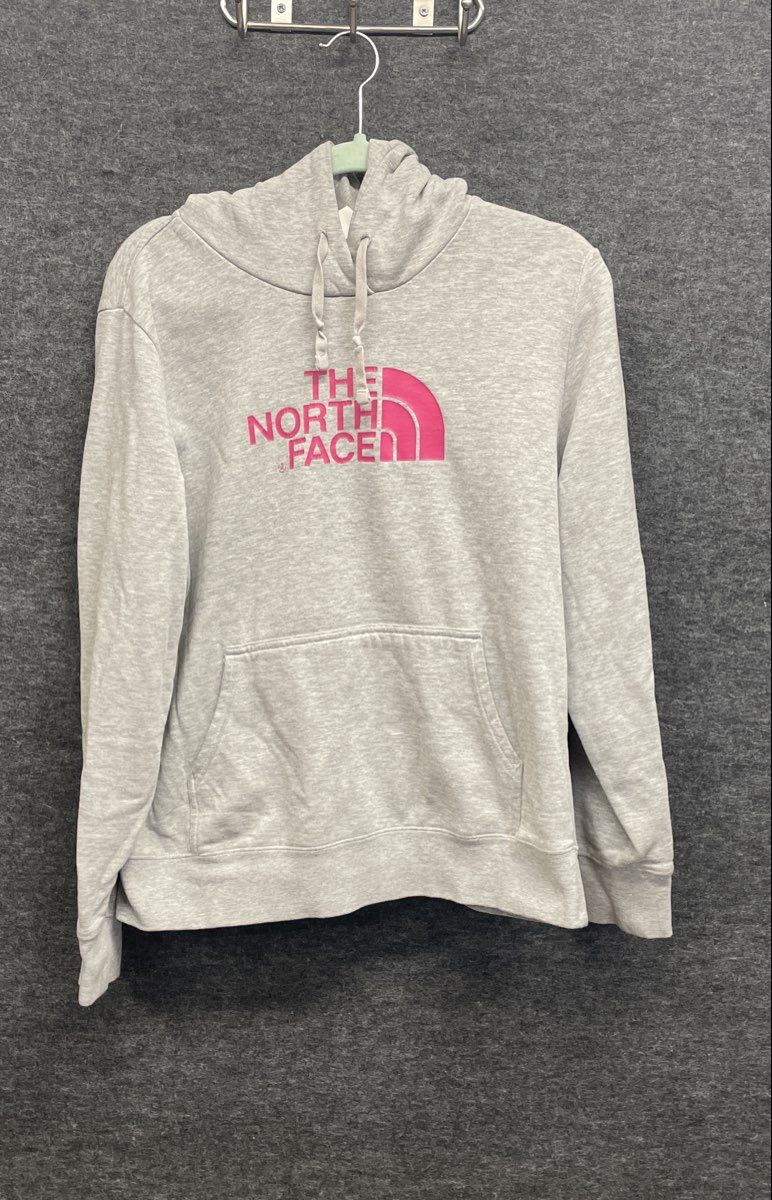The North Face Women's Hoodie Gray Pink Logo Pullover Kangaroo Pocket Size L
