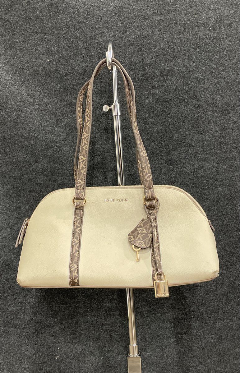 Anne Klein White Pebbled Leather Monogram Strap Shoulder Bag Gold Hardware