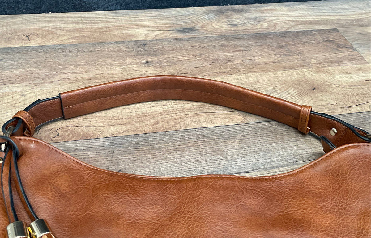 Cognac Brown Leather Hobo Shoulder Bag Tassel Woven Stitch Detail Large