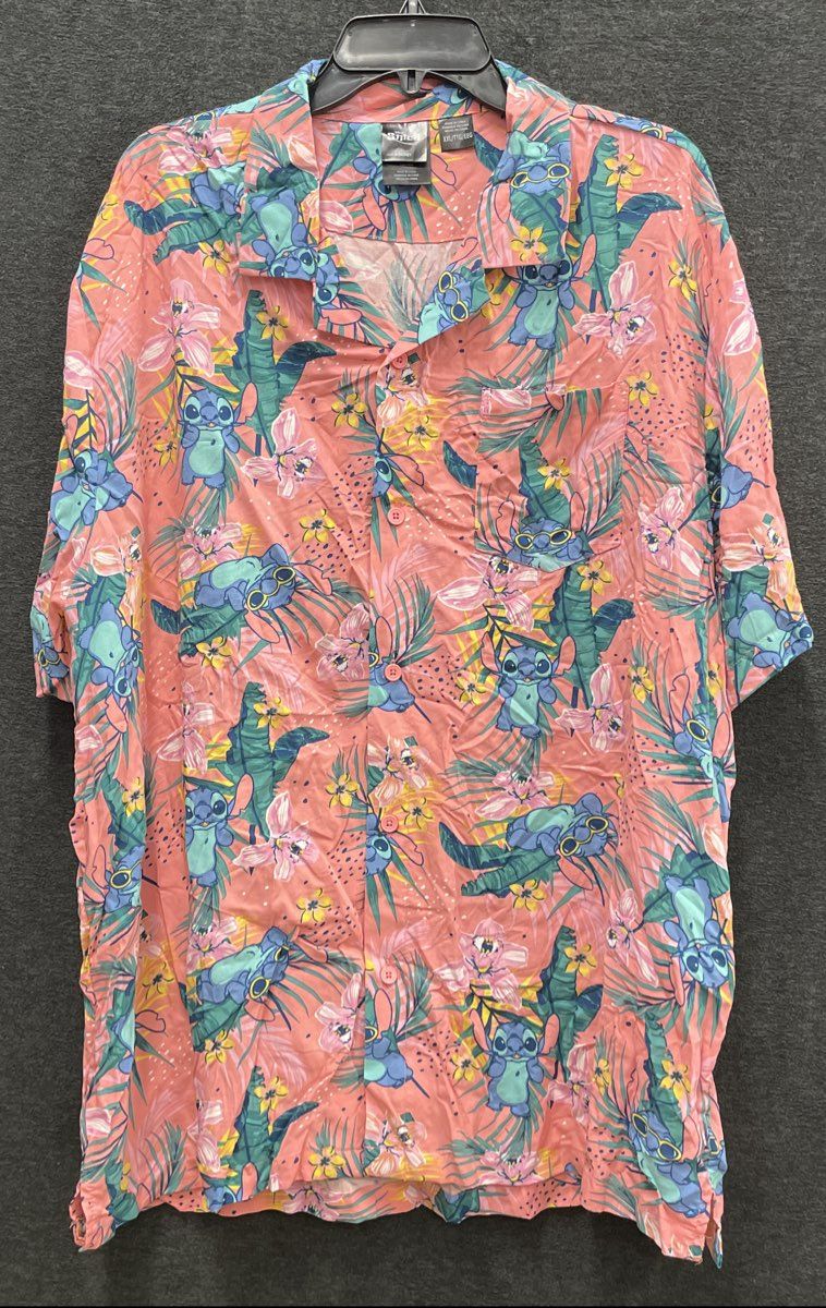 Disney Men's Stitch Pink Hawaiian Tropical Floral Button Down Camp Shirt Sz XXL