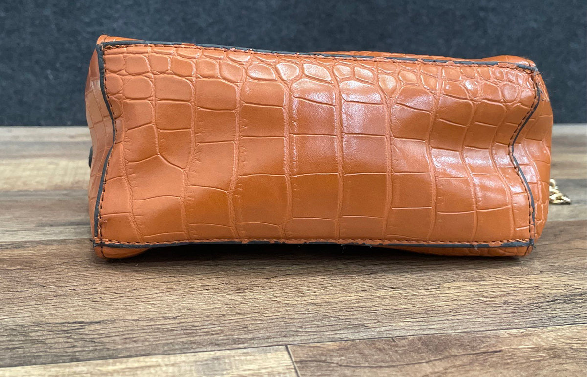 Brown Croc Embossed Leather Satchel Crossbody Bag Gold Chain Strap
