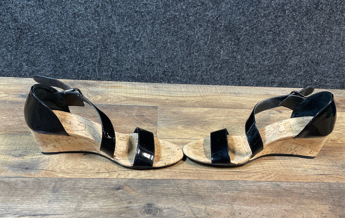 Vaneli Black Patent Leather Asymmetric Strap Cork Wedge Sandals Size 10M