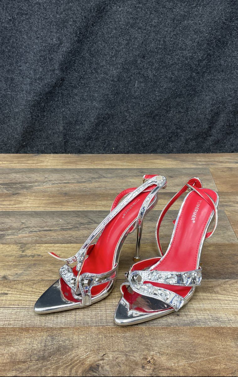 YUMERMER Silver Metallic Crystal Embellished Stiletto Sandals Women's Size 37