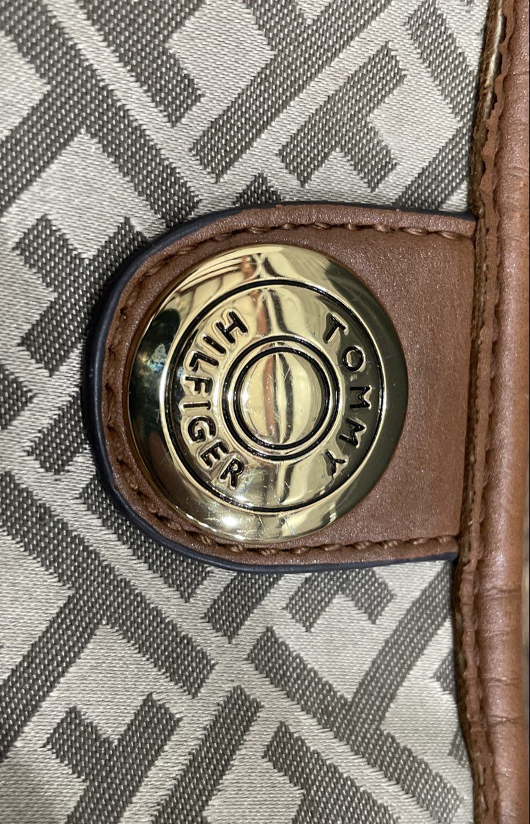 Tommy Hilfiger Grey Leather Monogram Tote Bag Red White Blue Stripe