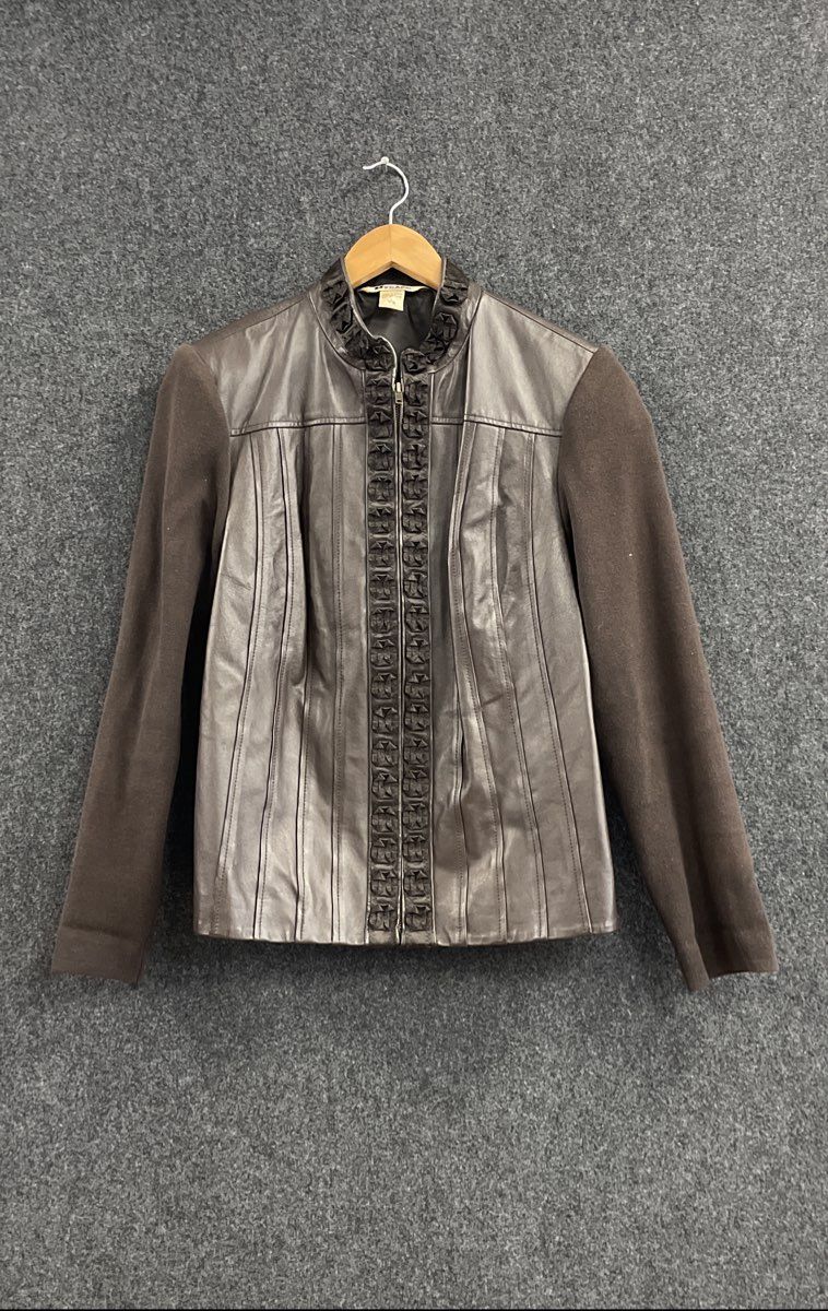 Nygard Women's Brown Leather Knit Hybrid Ruffle Trim Zip Up Jacket Sz L 14-16