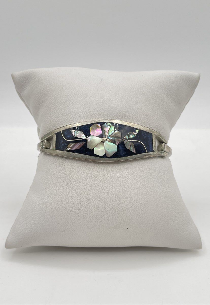 Alpaca Silver MOP Abalone Blue Resin Bangle Bracelet Mexico Marked 14.1g