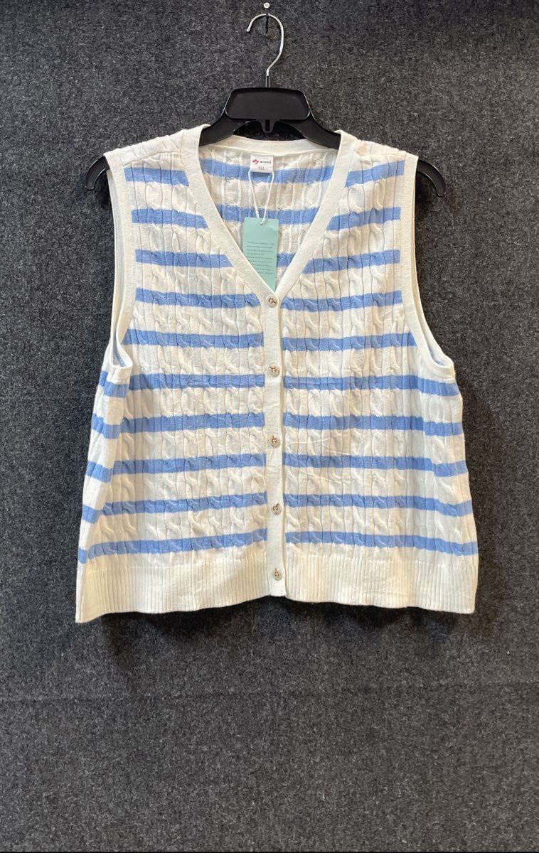 Wiholl Women's Cable Knit Sweater Vest Blue Striped Button Front Size XXL NWT