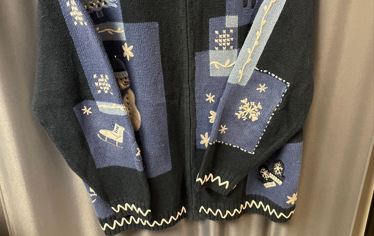 Dress Barn Woman Blue Winter Zip-Up Cardigan Snowflake Snowman Sz 14/16