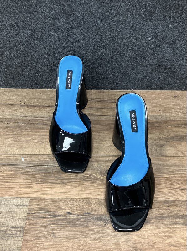 Nine West Excit Black Patent Square Toe Block Heel Slide Sandals Size 9.5 M