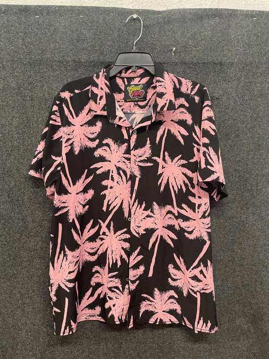 Good Vibes Men's Pink Black Palm Tree Short Sleeve Button Up Shirt Sz XL