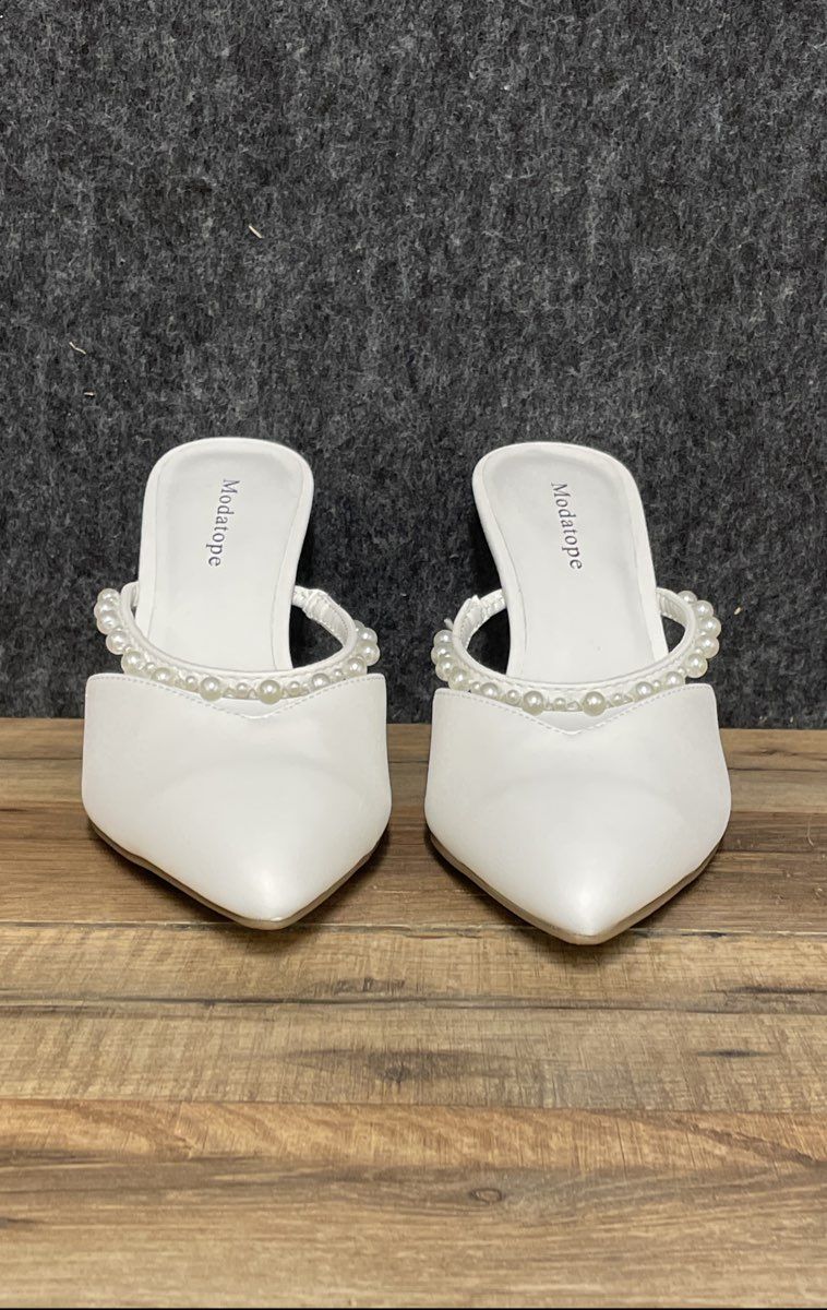 Modatope White Pointed-Toe Pearl Stiletto Mules Heels Women's Size 6.5