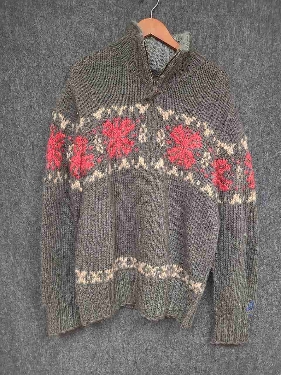 American Eagle Men's 1/4 Zip Sweater Gray Wool Blend Fair Isle Snowflake XL