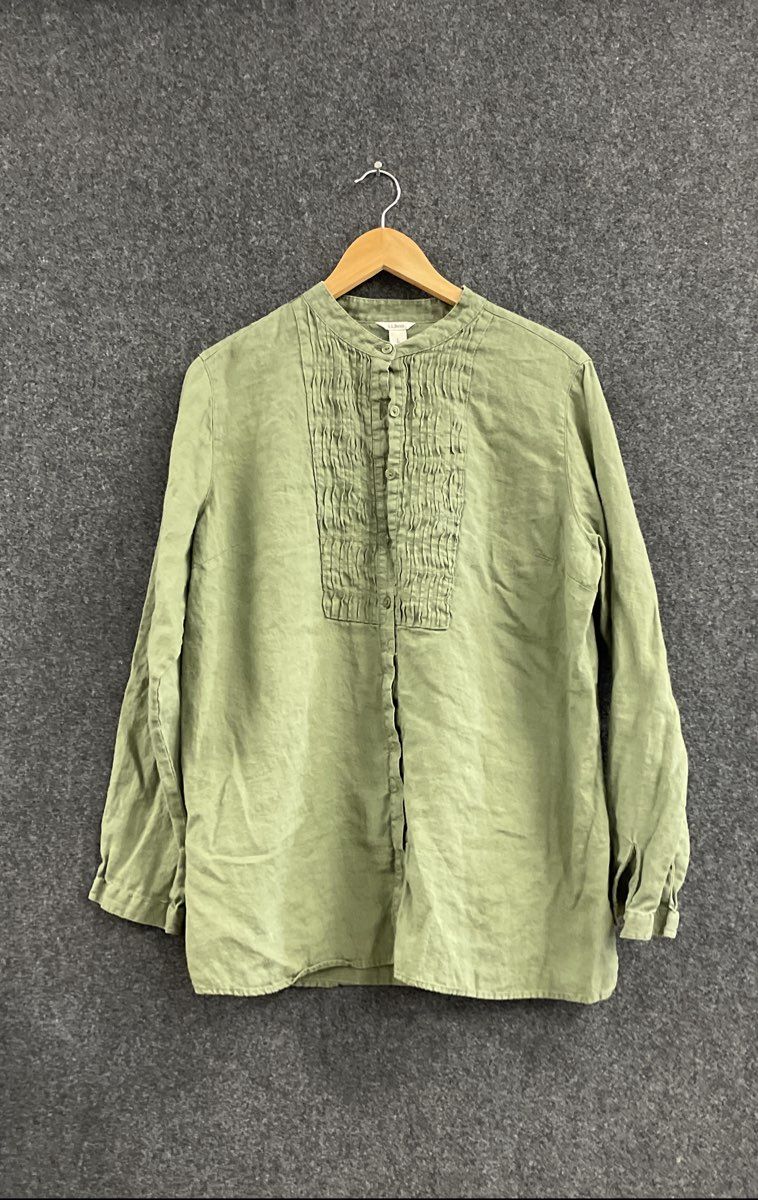 L.L. Bean Women's Olive Green 100% Linen Pintuck Pleated Front Blouse Sz L
