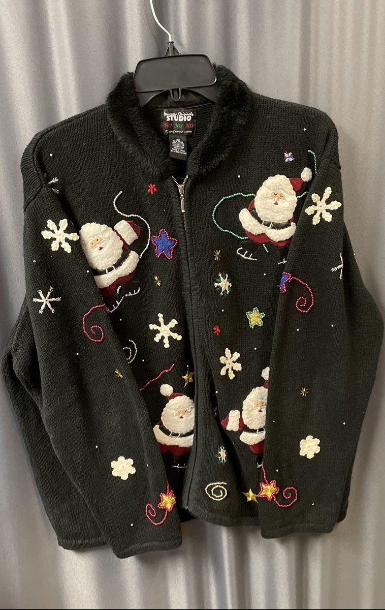 Vintage Y2K Designers Originals Studio Women's Black Santa Christmas Cardigan 2X